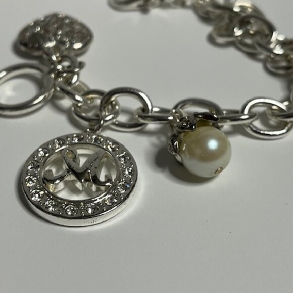 Silver-Tone Chain Charm Bracelet w/Heart, "M" Initial, Faux Pearl, Rhinestones - Picture 5 of 13